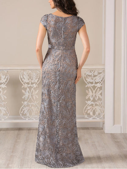 Round Neck Lace Short Sleeve Solid Color Maxi Dress