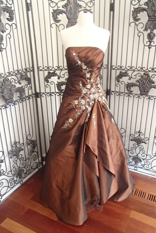 Brown Gorgeous Vintage Exquisite Applique Tube Top Long Elegant Satin Ball Gown Evening Dress gh3313
