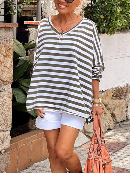 Striped Cotton Loose Pullover Everyday Ladies Tops