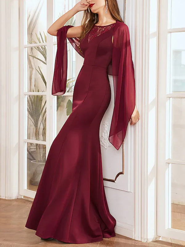 Round Neck Solid Color Lace Maxi Dress