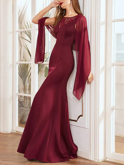 Round Neck Solid Color Lace Maxi Dress