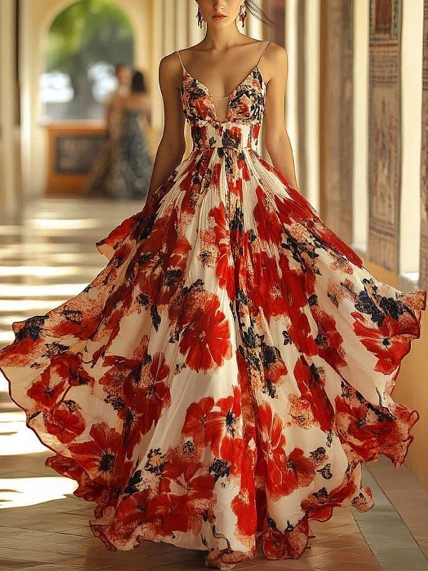 Red Suspender Print Maxi Dress