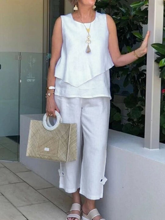 Sleeveless Double Layer Cotton Linen Women's Suits