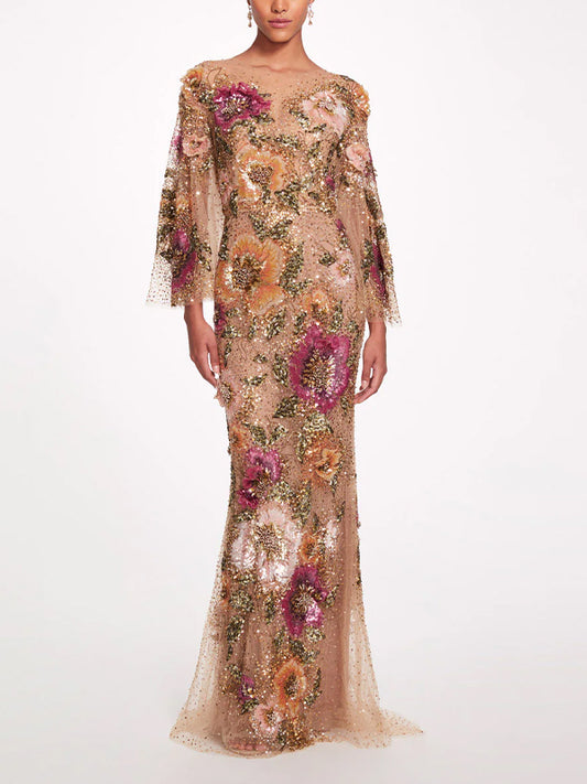 Long Sleeve Sequin Lace Maxi Dress