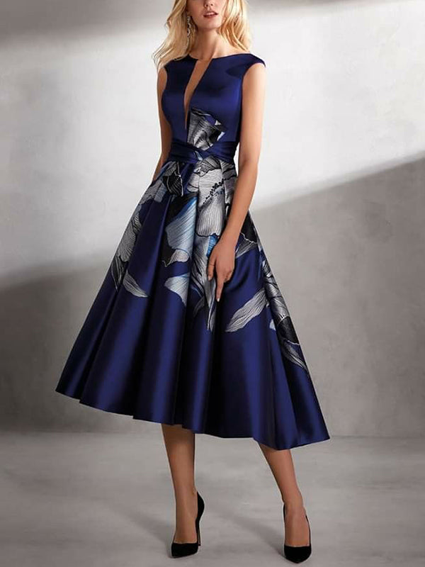 Round Neck Sleeveless Print Midi Dress