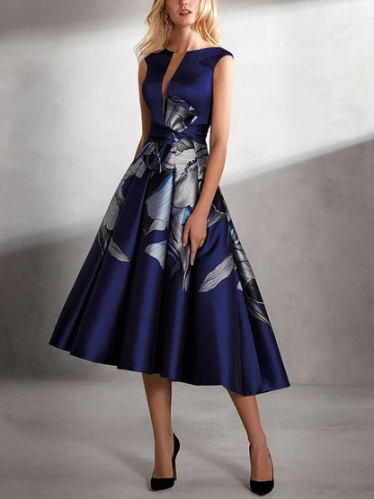 Round Neck Sleeveless Print Midi Dress