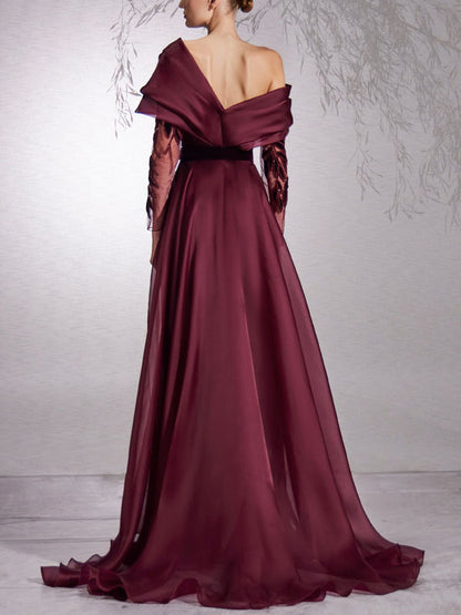 Asymmetric Off The Shoulder Velvet Leaves Dress