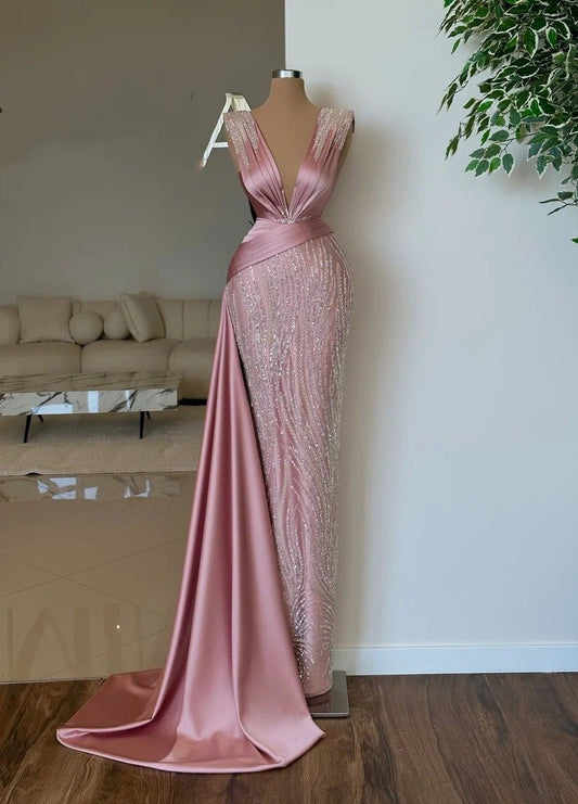 preppydressess-Pink luxurious gorgeous beaded long satin prom dress evening dress gh5018