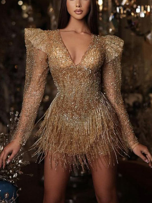 V-neck Sequined Bodysuit Gown