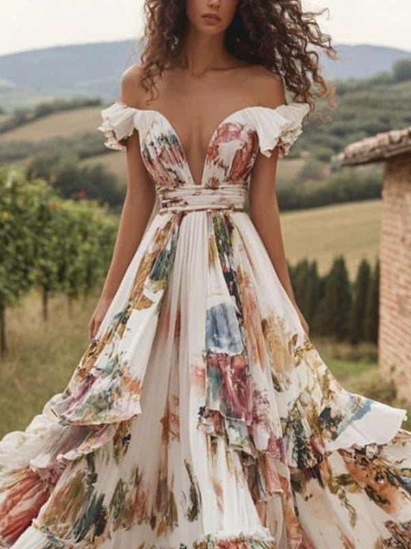 Retro Temperament One Shoulder Print Ladies Dress