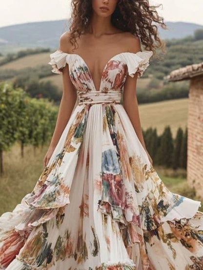 Retro Temperament One Shoulder Print Ladies Dress