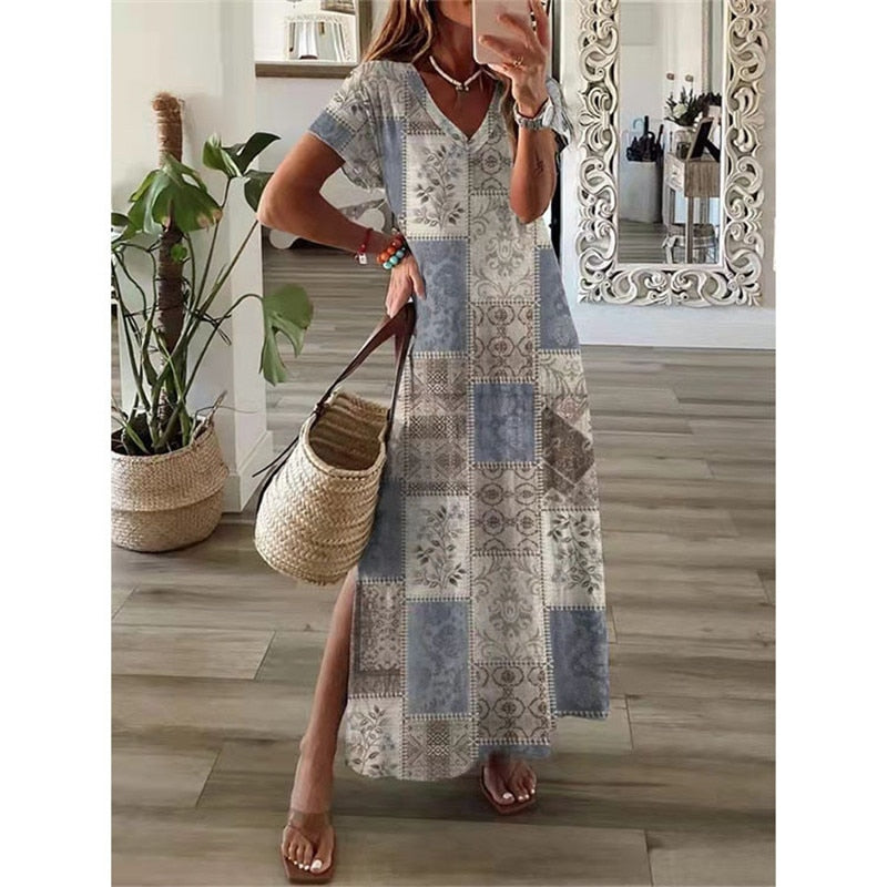 loveedsTM- Vintage Print Maxi Dress Women 2024 Summer Elegant V Neck Short Sleeve Loose Split Casual Dress Female Party Boho Beach Vestidos
