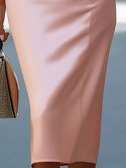 Satin Elegant Plain Lapel Collar Knee Length Dress