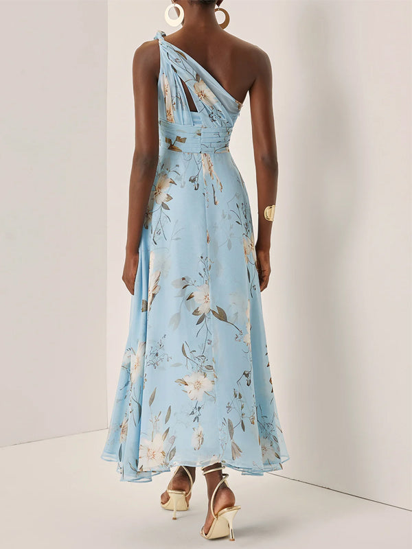 Light Blue Chiffon One Shoulder Sleeveless A-Line Maxi Dress