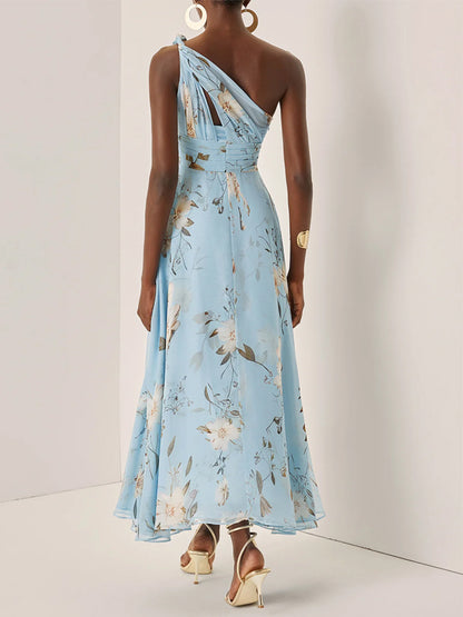 Light Blue Chiffon One Shoulder Sleeveless A-Line Maxi Dress