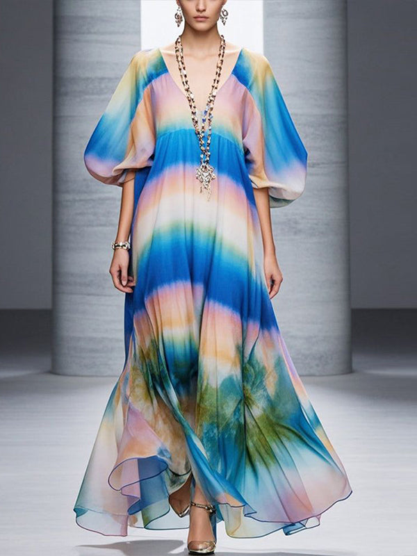 Blue V-neck chiffon print Maxi Dress