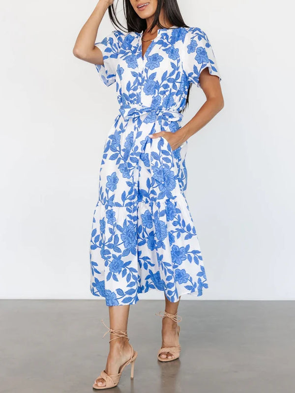 V-neck Printed Cotton and Linen Women's Dress