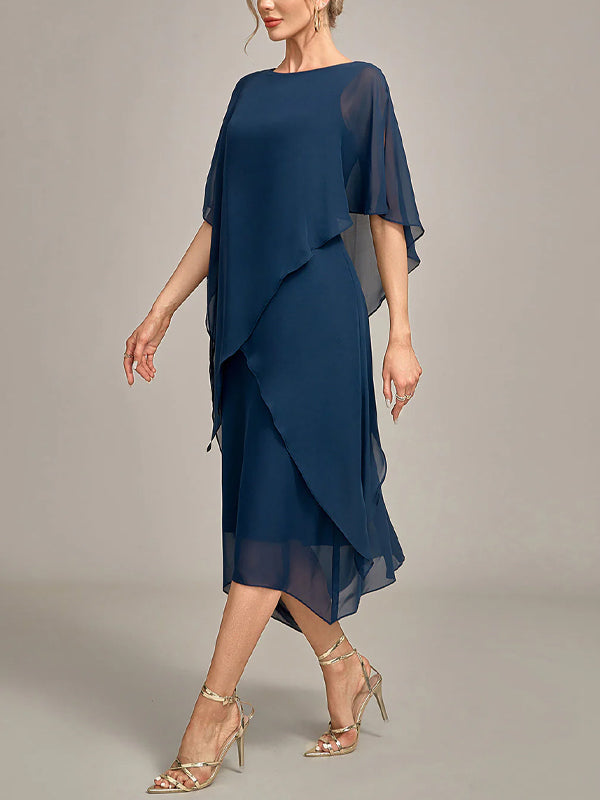 Round Neck Chiffon Solid Color Midi Dress