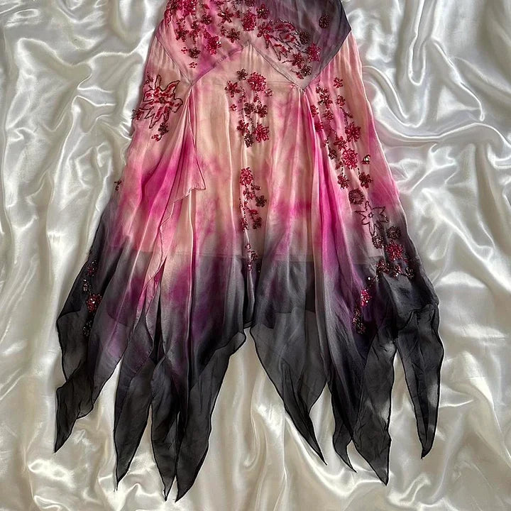 Pink Gradient Gorgeous Lightweight Exquisite Beaded Spaghetti Strap Long Chiffon Ball Gown Evening Gown Party Dress gh3339