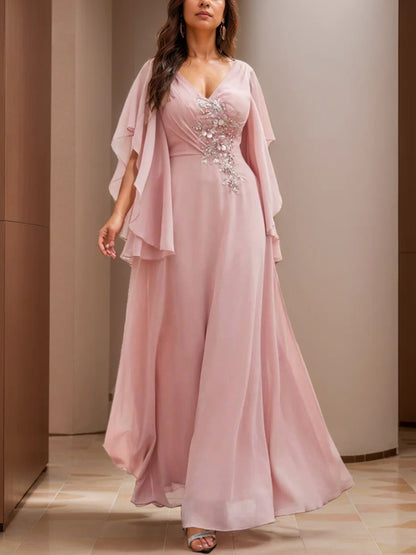 A-Line/Princess V-Neck Short Sleeves Floor-Length Mother of the Bride Dresses with Appliques Lace