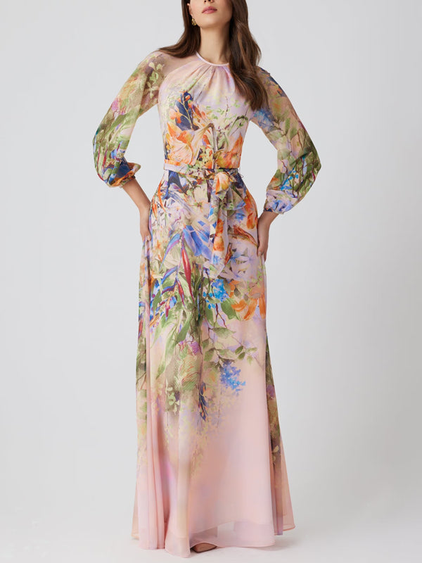 Floral Chiffon Maxi Gown with Long Sleeves