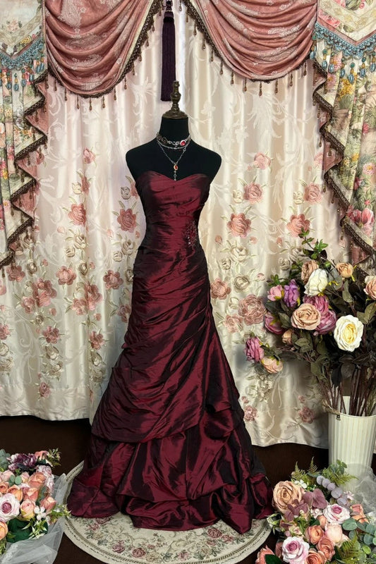 Burgundy Retro Elegant Exquisite Rhinestone Off-the-shoulder Sleeveless Floor-length Satin Floor-length Ball Gown Evening Dress gh4210