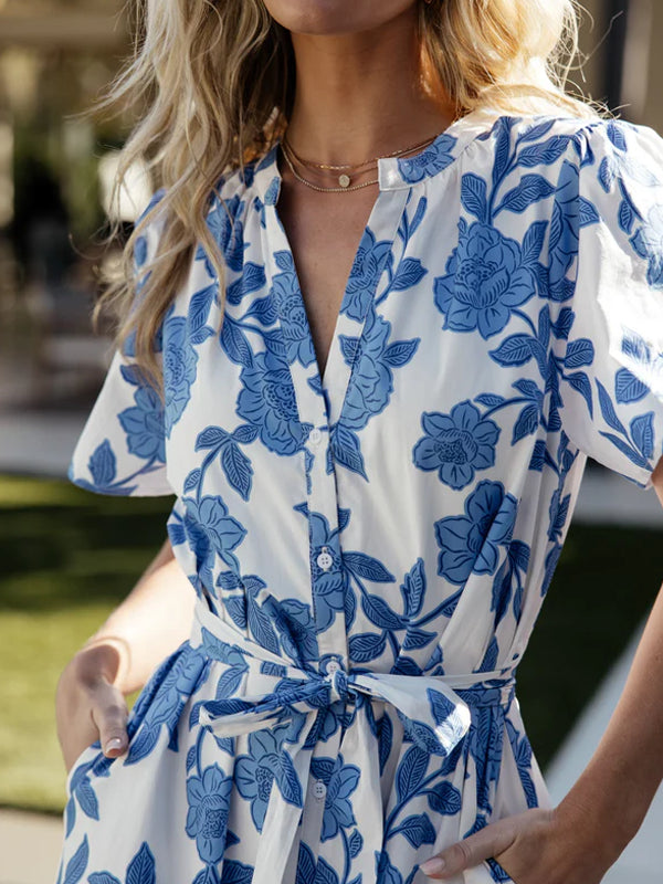 V-neck Printed Cotton and Linen Women's Dress