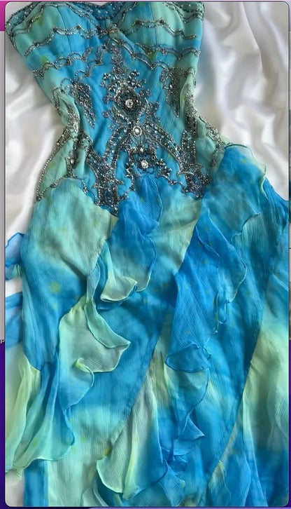 Blue Gradient Shiny Gorgeous Retro Fashion Exquisite Gemstone Beads Long Ankle Length Chiffon Ruffle Ball Dress Evening Dress Party Dress Prom Dress gh3777