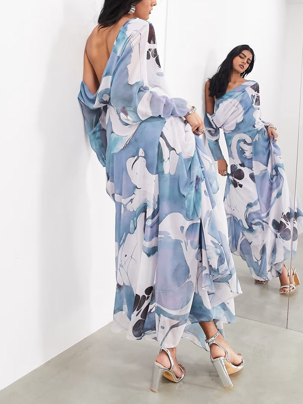 Plunging Bardot Neckline With Wave Print Women's Dress