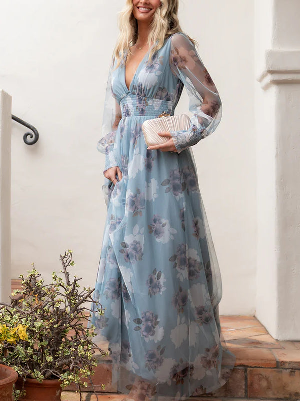 Tulle Temperament Printed Holiday Maxi Dress