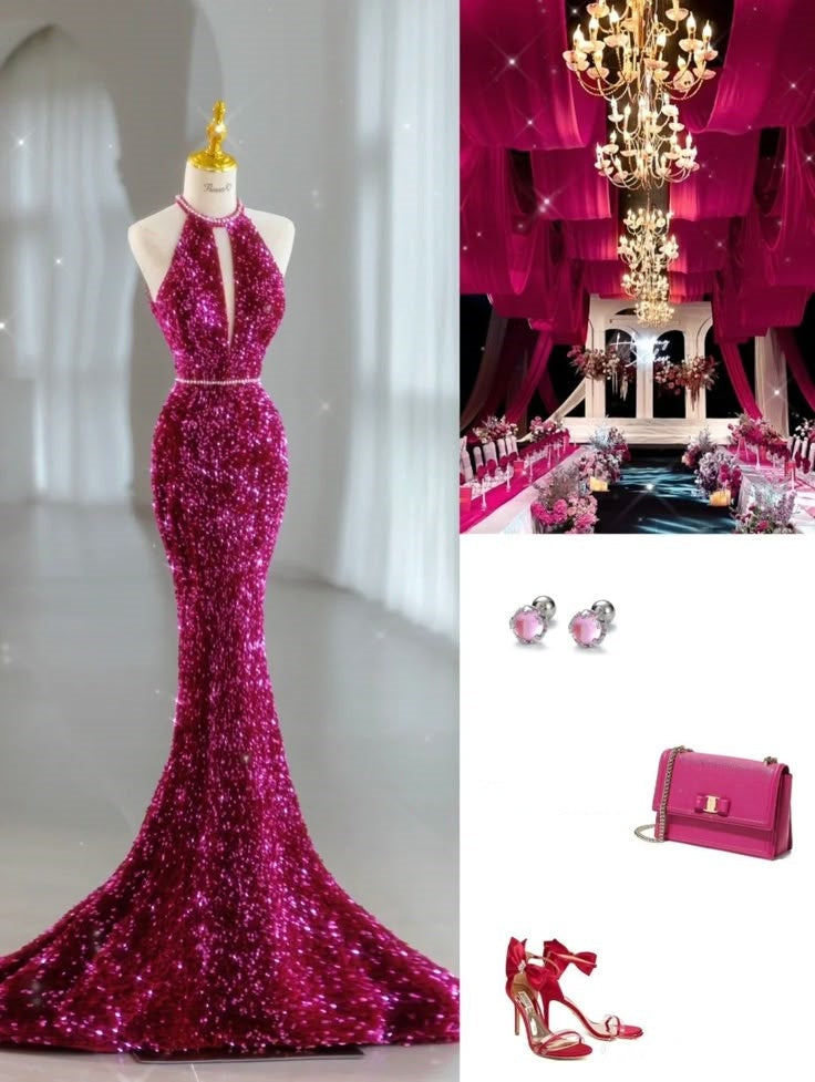 Pink Gorgeous Shiny Exquisite Beaded Halter Long Mermaid Slim Sequin Floor Length Ball Gown Evening Gown Party Dress gh3395