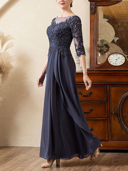 Grey Blue Sparkly Beaded Chiffon Mother of the Bride Dress