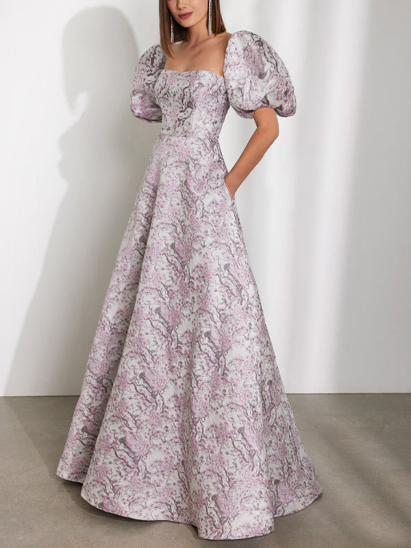 Square Collar Print Maxi Dress