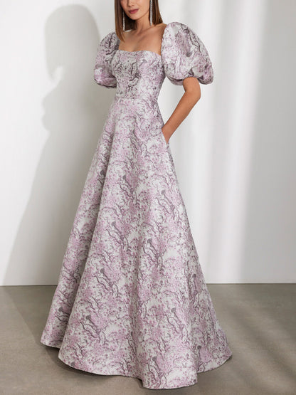 Square Collar Print Maxi Dress