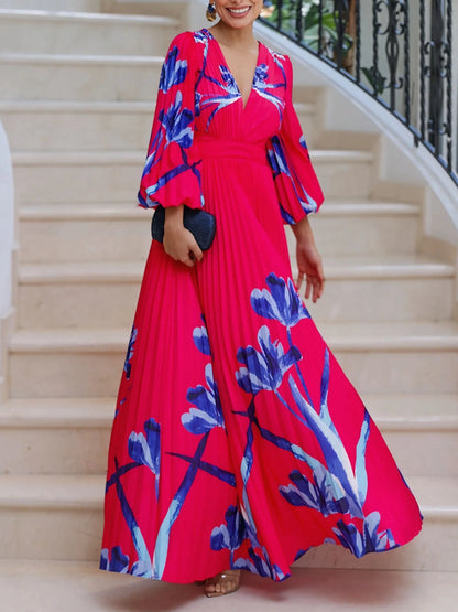 V-neck Elegant Holiday Flowers Women's Dress