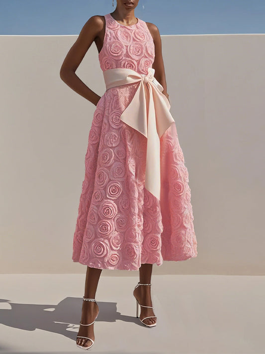 Round Neck Three-dimensional Flower Solid Color Midi Dress