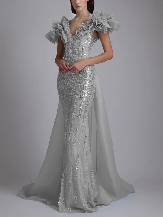 V-Neck Solid Color Three-Dimensional Shape Maxi Dress