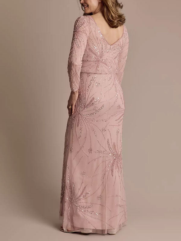 Long-Sleeve Beaded Blouson Top Sheath Dress