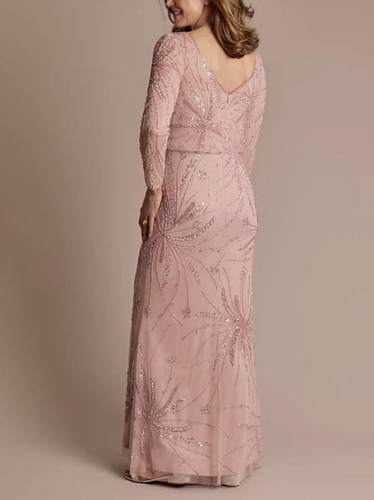 Long-Sleeve Beaded Blouson Top Sheath Dress