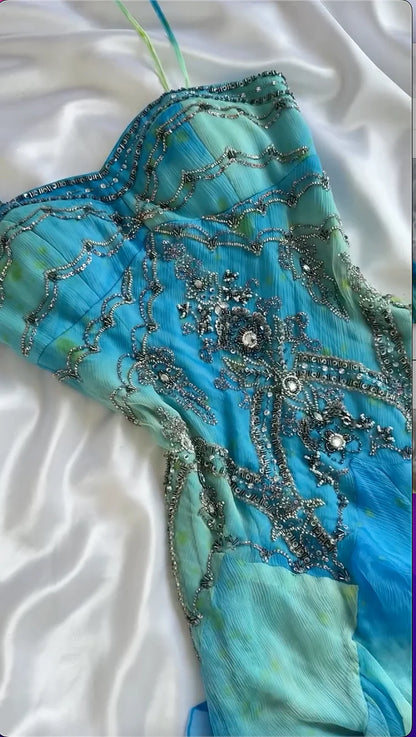 Blue Gradient Shiny Gorgeous Retro Fashion Exquisite Gemstone Beads Long Ankle Length Chiffon Ruffle Ball Dress Evening Dress Party Dress Prom Dress gh3777