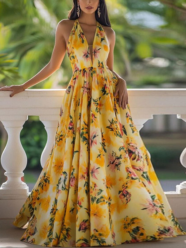 Yellow V-neck Suspenders With Print Maxi Dress