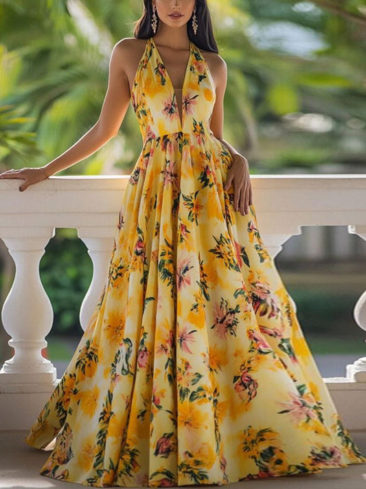 Yellow V-neck Suspenders With Print Maxi Dress