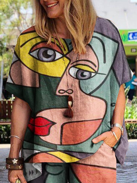 Women's Round Neck Abstract Print Short Sleeve Suit