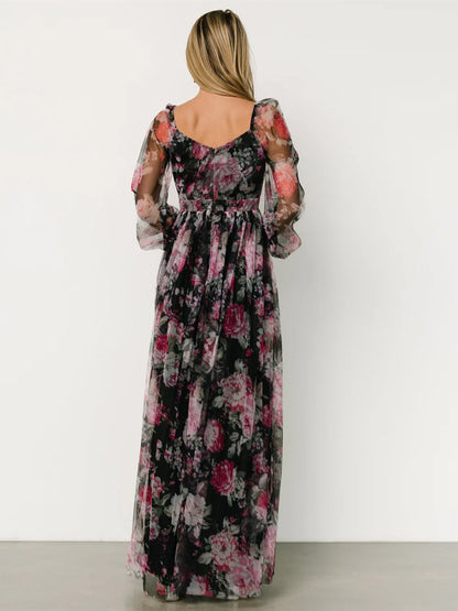 V-neck Long Sleeve Print Maxi Dress