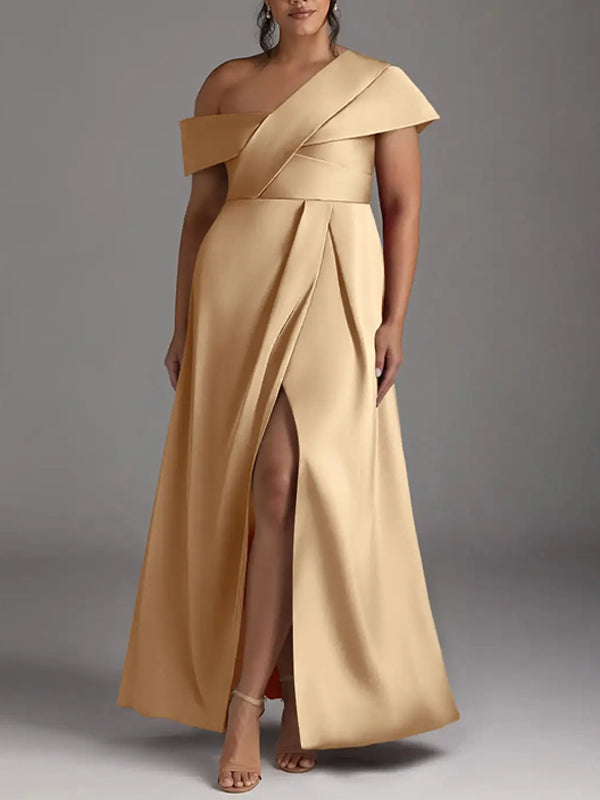 Champagne A-Line Pleated Stretch Satin Dress