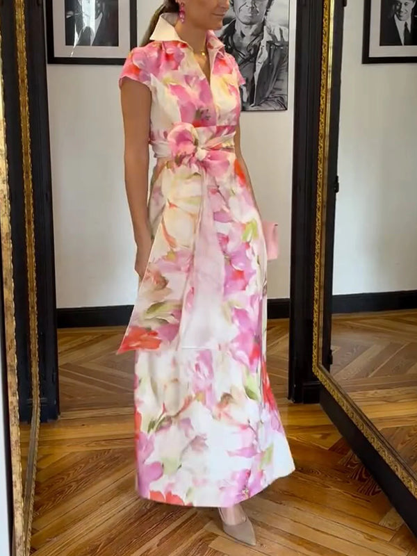 Elegant Floral Printing Shirt Collar Maxi Dress With Belt