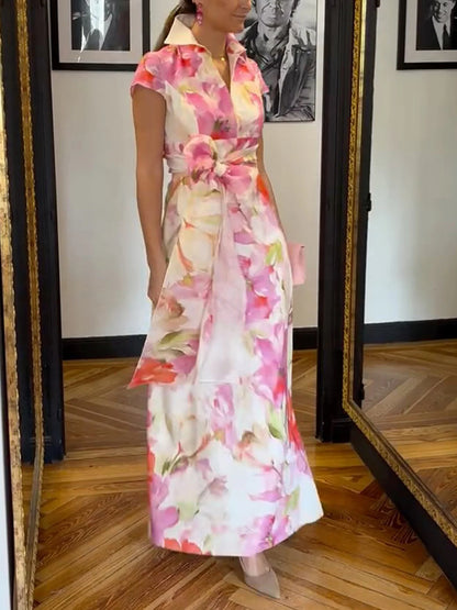Elegant Floral Printing Shirt Collar Maxi Dress With Belt