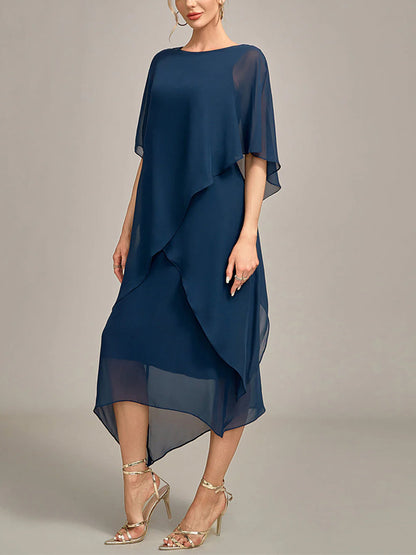 Round Neck Chiffon Solid Color Midi Dress