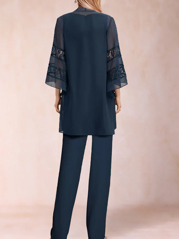 Chiffon Scoop Long Sleeves 3 Pieces Pantsuits with Applique & Jacket