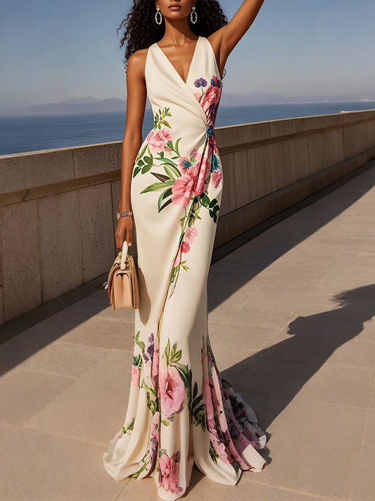 White Printed Sleeveless Maxi Dress